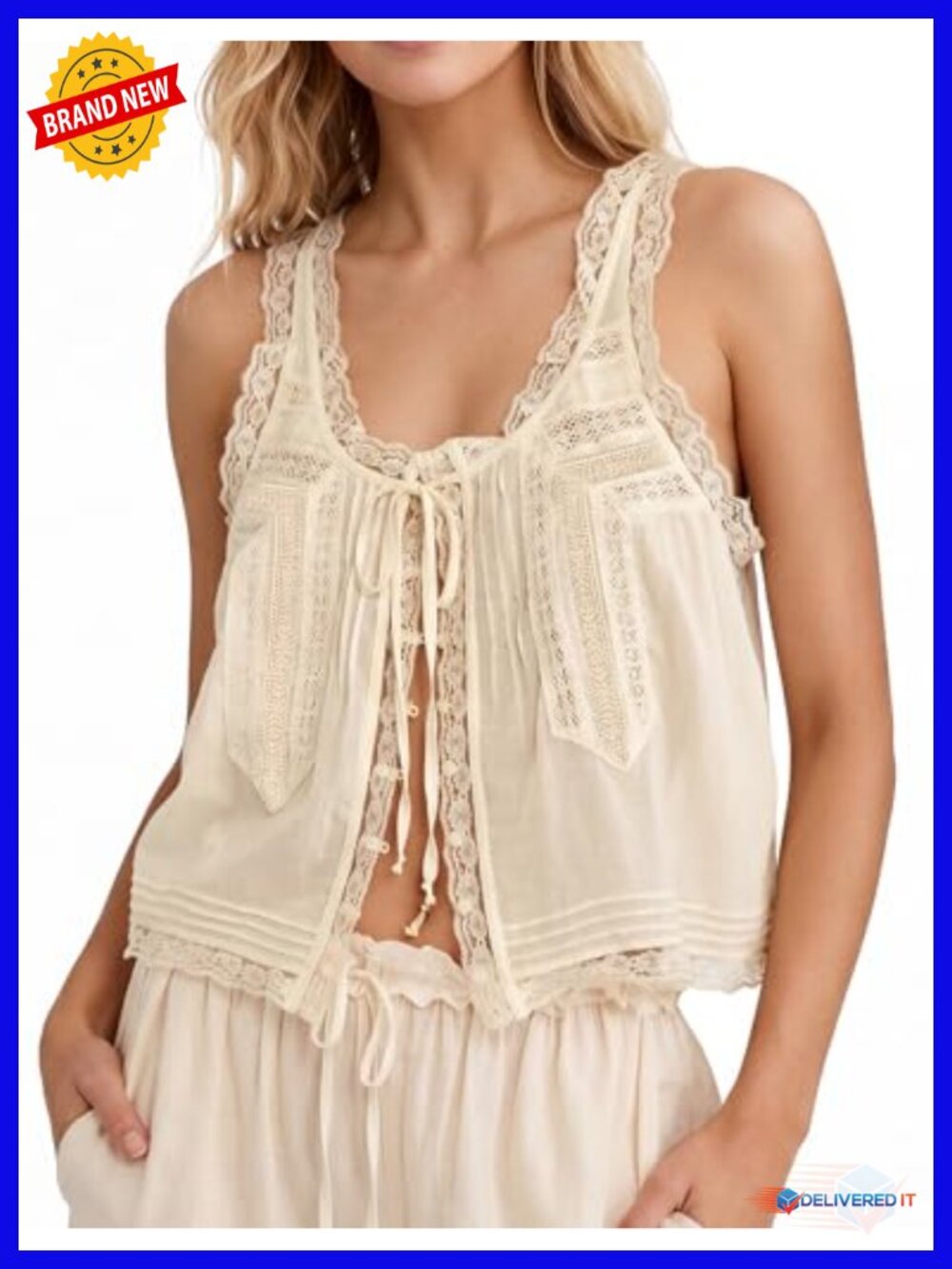 Women Boho Lace Tie Front Tank Cotton Sleeveless Crop Cardigan Summer Vacation